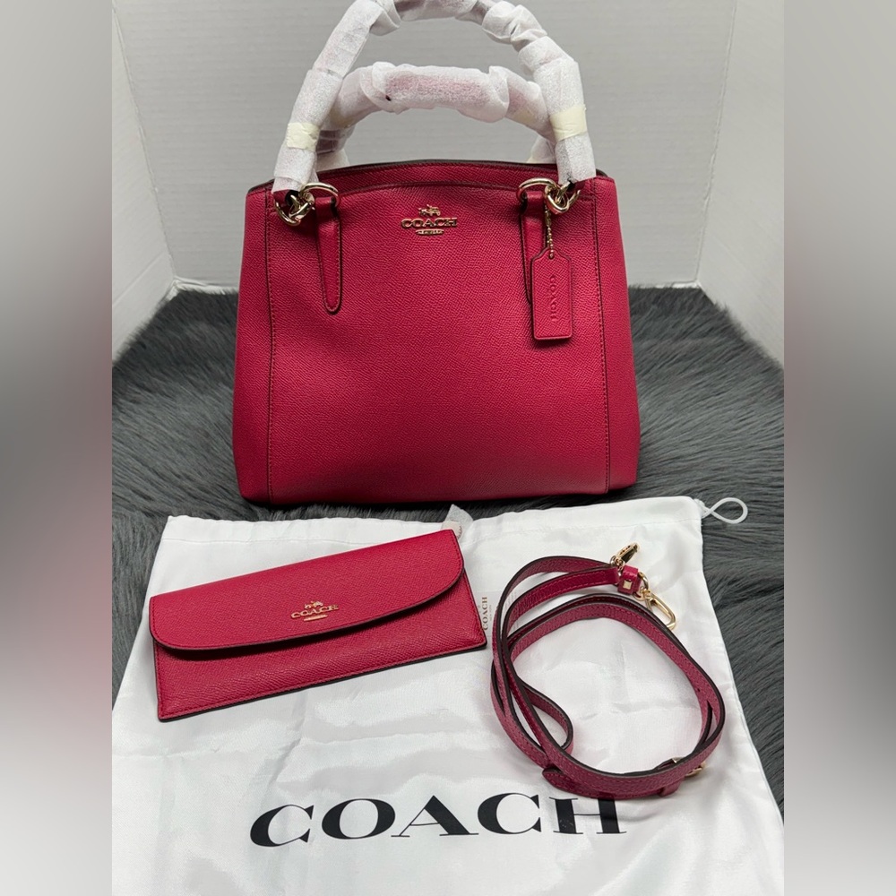 Coach Minetta Bright Pink Crossgrain Leather Shoulder Bag & Matching Wallet Set - Picture 1 of 13